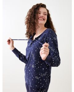 Tie Neck Patterned Long Sleeve Women's Pajama Set