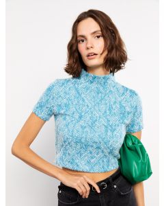 Half Turtleneck Patterned Short Sleeve Crop Women's Tricot Sweater