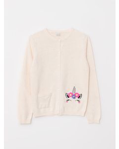 Crew Neck Embroidered Long Sleeve Girl Tricot Cardigan