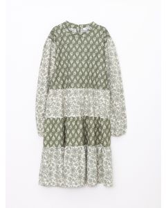 Crew Neck Patterned Long Sleeve Gabardine Girl Dress