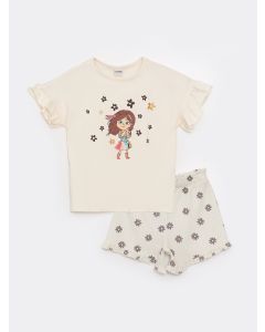 Crew Neck Printed Short Sleeve Girl's T-Shirt and Shorts