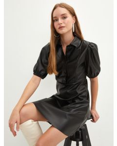 Straight Short Sleeve Leather Look Women's Shirt Dress