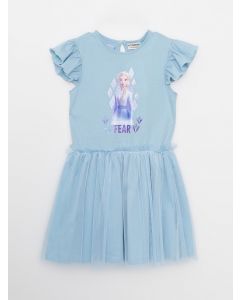 Crew Neck Elsa Printed Short Sleeve Girl Dress