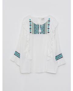 Crew Neck Embroidered Long Sleeve Viscose Girl's Blouse