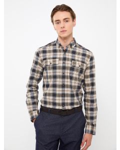 Regular Fit Long Sleeve Plaid Gabardine Men's Shirt