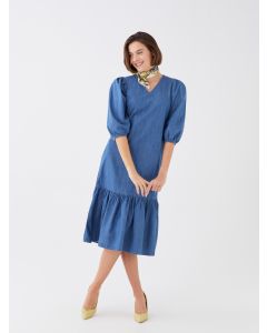 V-Neck Straight Balloon Sleeve Women's Jean Dress