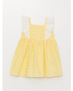 Square Neck Short Sleeve Check Patterned Baby Girl Dress