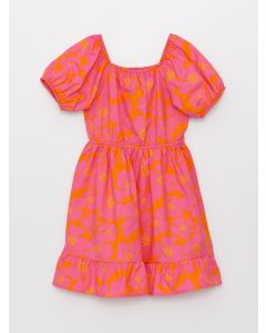 Square Neck Patterned Short Sleeve Girls' Dress