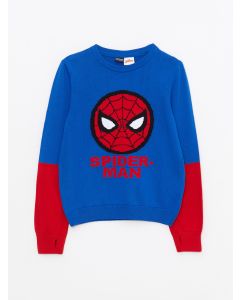 Crew Neck Spiderman Patterned Long Sleeve Boy Tricot Sweater