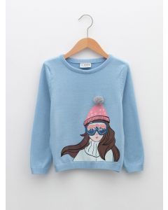 Crew Neck Printed Long Sleeve Girl Tricot Sweater