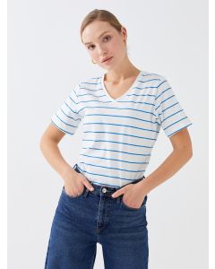 V Neck Striped Short Sleeve Women T-Shirt