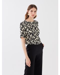 Crew Neck Patterned Short Sleeve Crop Women's Blouse