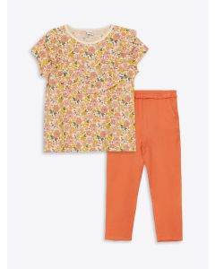 Crew Neck Patterned Short Sleeve Girls T-Shirt and Tights