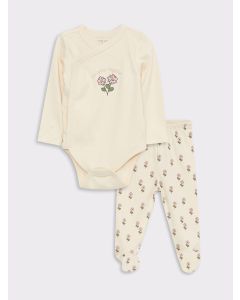 Crew Neck Long Sleeve Printed Baby Girl Body with Snap Crotch and Trousers 2-Pack Set