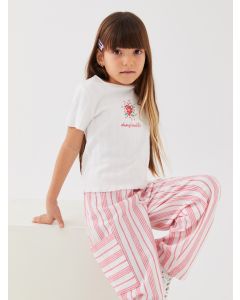 Crew Neck Printed Short Sleeve Girls T-Shirt and Trousers