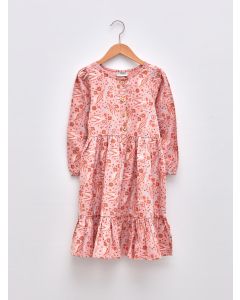 Crew Neck Printed Long Sleeve Gabardine Girls Dress