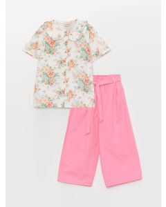 Baby Collar Patterned Short-Sleeved Girl's Shirt and Trousers