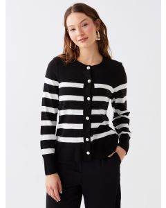 Crew Neck Striped Long Sleeve Women's Tricot Cardigan