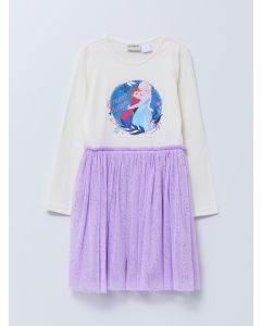 Crew Neck Frozen Printed Long Sleeve Girl Dress