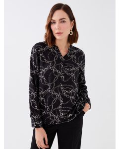 Henley Neckline Patterned Long Sleeve Women's Blouse