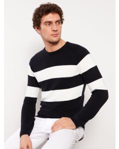 Crew Neck Long Sleeve Men's Tricot Sweater with Color Block