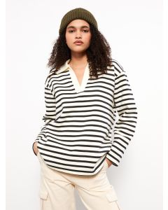 Polo Neck Striped Long Sleeve Women's Sweatshirt