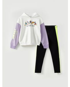 Hooded Disney Printed Long Sleeve Girl Sweatshirt and Tights