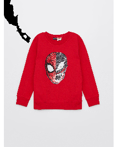 Crew Neck Spiderman Printed Two Way Sequined Long Sleeve Boys T-Shirt