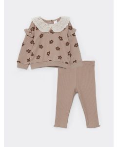 Bebe Collar Long Sleeve Patterned Baby Girl Sweatshirt and Tights 2-Pack Set