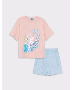 Crew Neck Elsa Printed Short Sleeve Girl's Pajamas Set