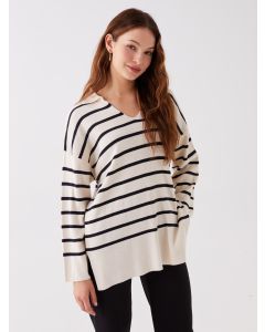 Polo Neck Striped Long-Sleeve Oversized Women's Knitwear Sweater