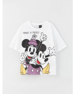 Crew Neck Minnie and Mickey Mouse Printed Short Sleeve Girls T-Shirt