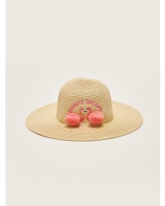 Girl's Straw Fedora Hat with Letter Embroidery Pompom