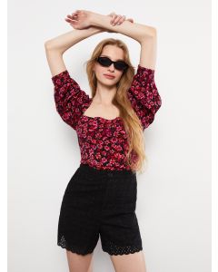 Square Neck Floral Viscose Women's Blouse