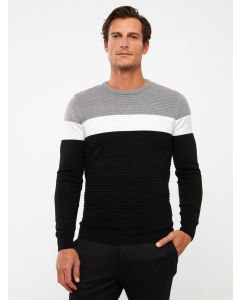 Crew Neck Long Sleeve Men's Tricot Sweater with Color Block