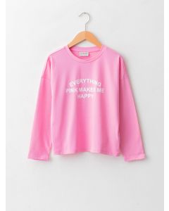 Crew Neck Printed Long Sleeve Cotton Girl T-shirt