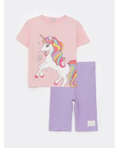 Crew Neck Printed Short Sleeve Girls T-Shirt and Tights