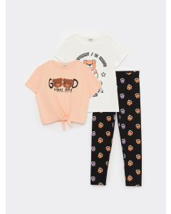 Crew Neck Printed Girl's T-Shirt and Leggings 3-Pack Set