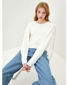 Crew Neck Striped Long Sleeve Women's Tricot Sweater