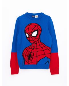 Crew Neck Spiderman Patterned Long Sleeve Boy Tricot Sweater