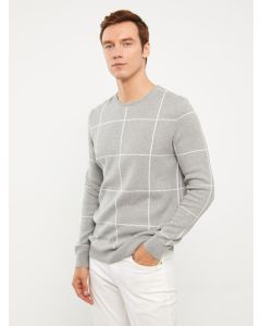 Crew Neck Long Sleeve Plaid Men's Tricot Sweater