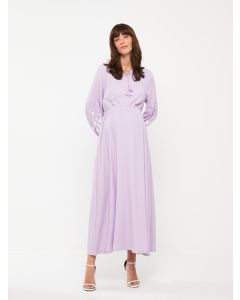 Tie Collar Plain Long Sleeve Crinkled Maternity Dress