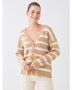 V Neck Striped Long Sleeve Women's Tricot Cardigan