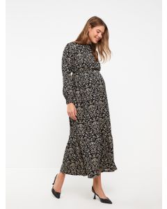 Standing Collar Patterned Long Sleeve Crinkled Maternity Dress