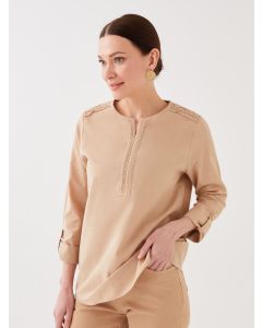 Henley Neckline Lace Detailed Long Sleeve Poplin Women's Blouse