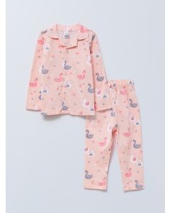 Polo Collar Long Sleeved Printed Cotton Baby Girl Pajamas Set