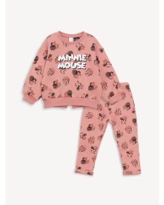 Crew Neck Long Sleeved Minnie Mouse Printed Baby Girl Sweatshirt and Leggings 2-Pack Set