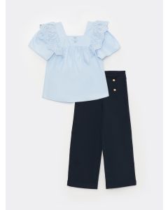 Square Collar Short Sleeve Girls' Blouse and Trousers