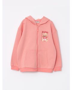 Hooded Printed Long Sleeve Girl Zippered Sweatshirt