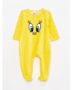 Crew Neck Tweety Embroidered Long Sleeve Velvet Baby Girl Jumpsuit